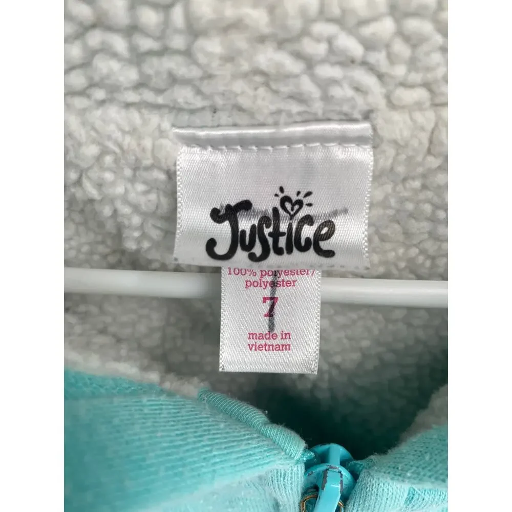 Justice Teal Blue Full Zip Girls Think Happy Thoughts Sherpa Lined Hoodie 7